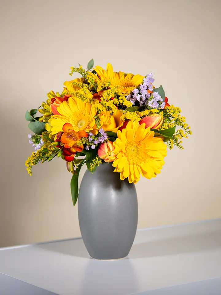 Bouquet di gerbere gialle tulipani  e fresia arancio in vaso grigio